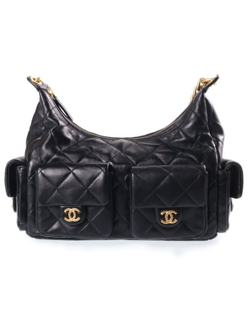 Chanel Quilted Hobo Chain Shoulder Bag Black Lambskin GD Plate